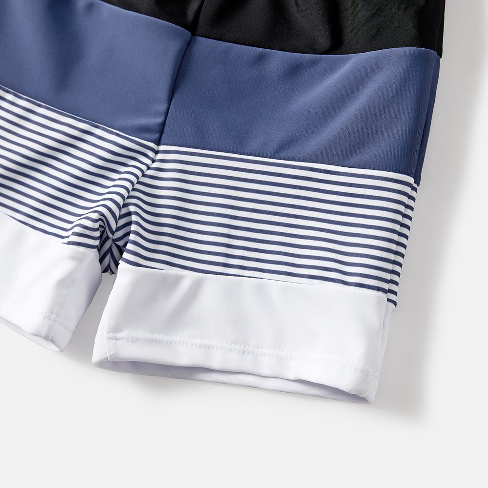 Family Matching Pinstriped One-piece Swimsuit and Colorblock Swim Trunks Shorts Blue grey big image 6