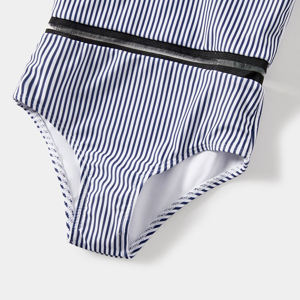 Family Matching Pinstriped One-piece Swimsuit and Colorblock Swim Trunks Shorts Blue grey big image 11