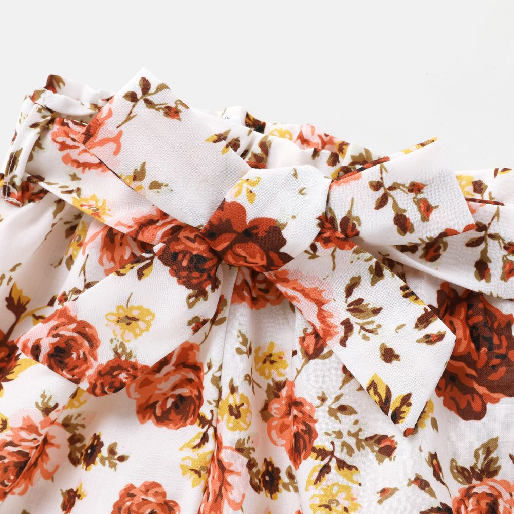 2pcs Baby Girl Letter Embroidered Cotton Ribbed Cami Top and Floral Print Belted Bloomer Shorts Set Brown big image 5