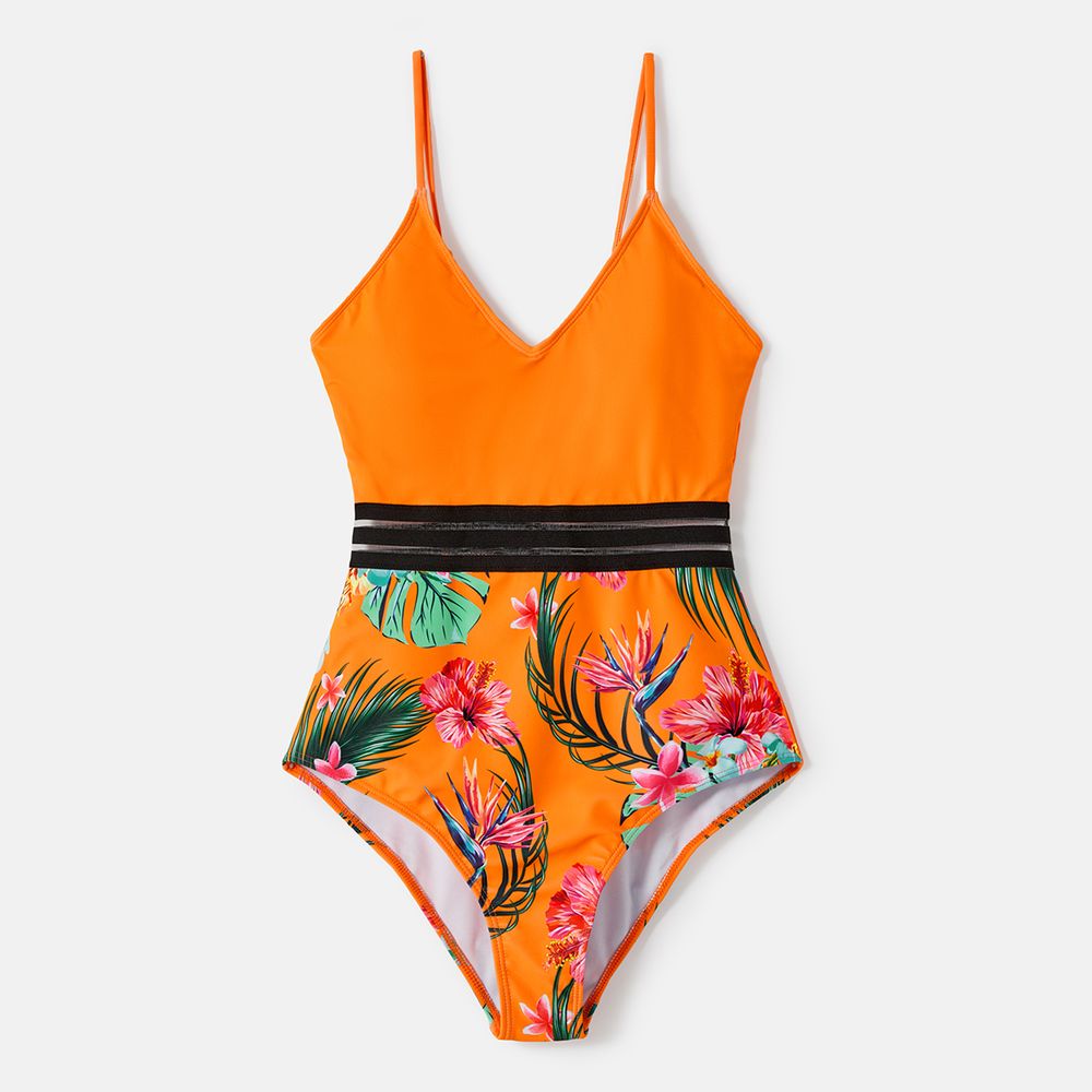 Family Matching Floral Print Orange One-piece Swimsuit and Swim Trunks Orange color big image 13