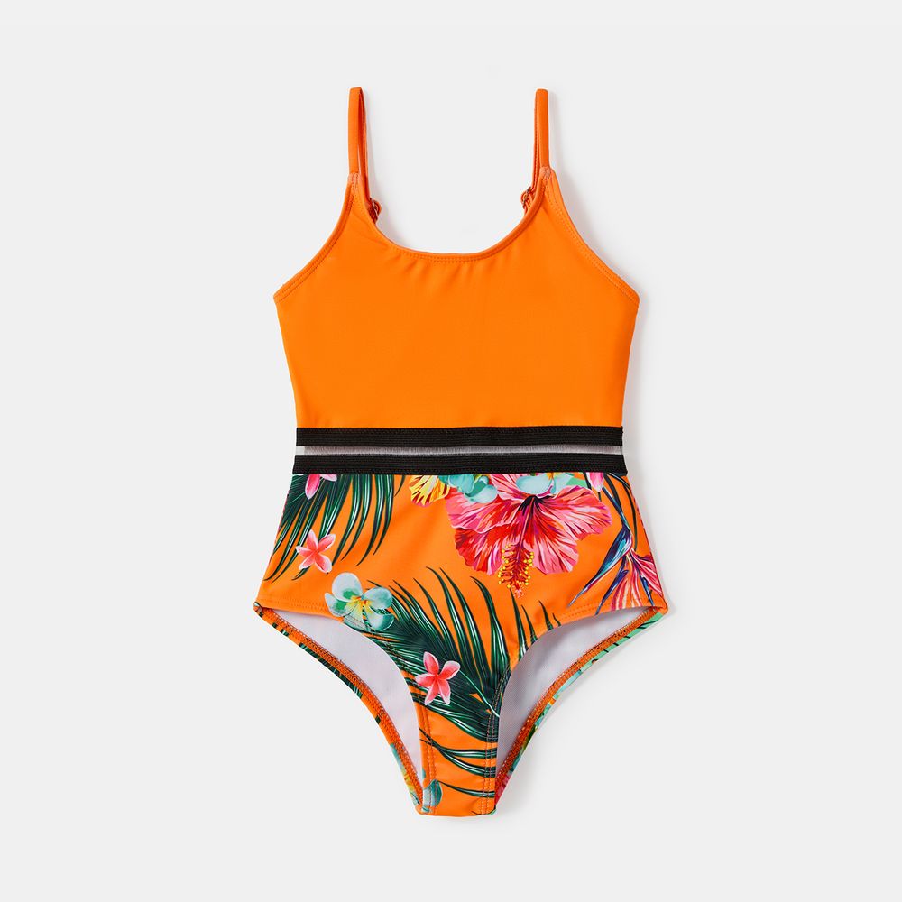 Family Matching Floral Print Orange One-piece Swimsuit and Swim Trunks Orange color big image 8