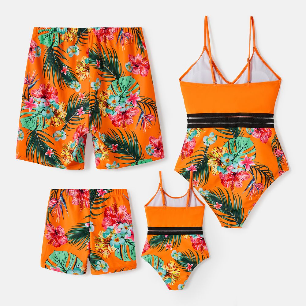 Family Matching Floral Print Orange One-piece Swimsuit and Swim Trunks Orange color big image 5