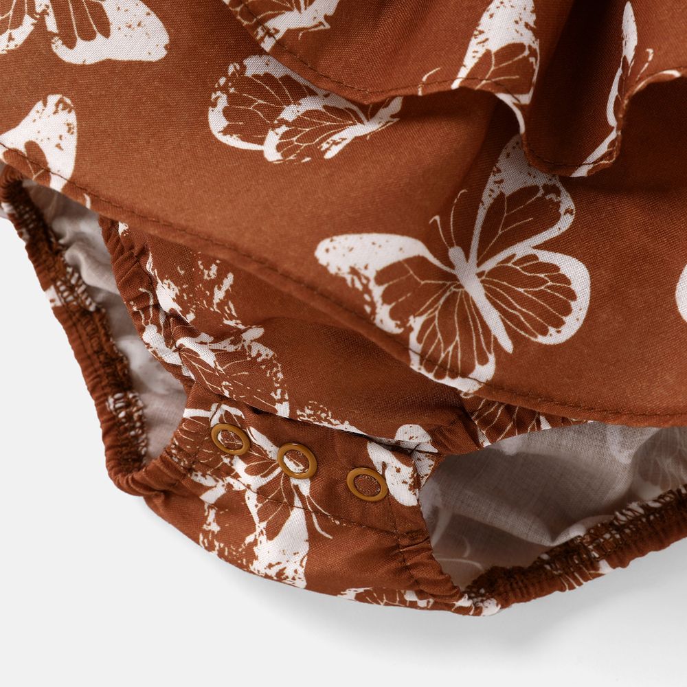 2pcs Baby Girl Allover Butterfly Print Layered Ruffle Trim Shirred Cami Romper & Headband Set Brown big image 5