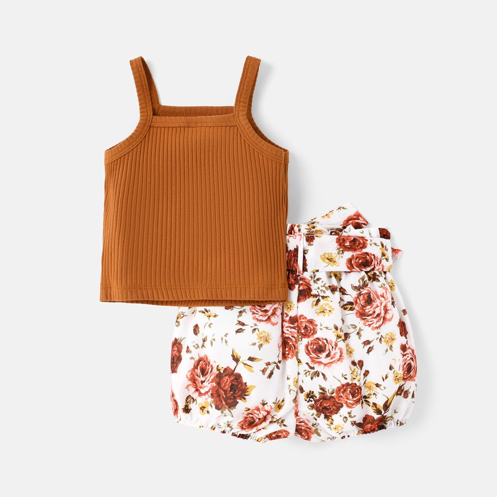 2pcs Baby Girl Letter Embroidered Cotton Ribbed Cami Top and Floral Print Belted Bloomer Shorts Set Brown big image 2