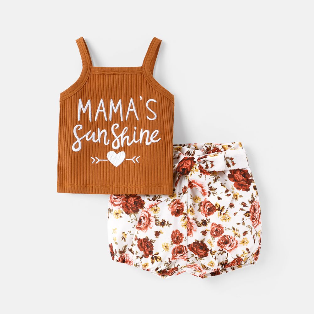 2pcs Baby Girl Letter Embroidered Cotton Ribbed Cami Top and Floral Print Belted Bloomer Shorts Set Brown big image 1