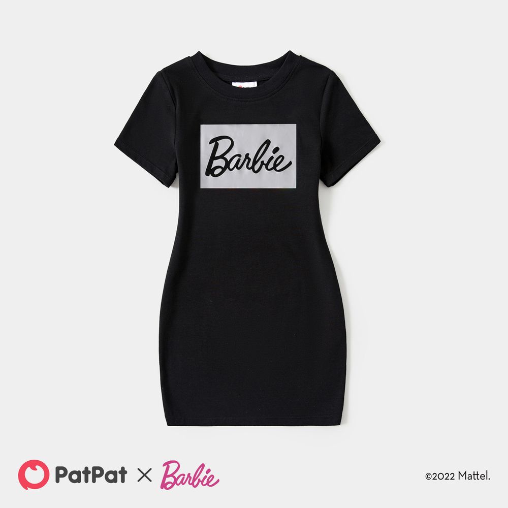 Barbie Mommy and Me Black Cotton Short-sleeve Letter Print Bodycon T-shirt Dresses Black big image 4