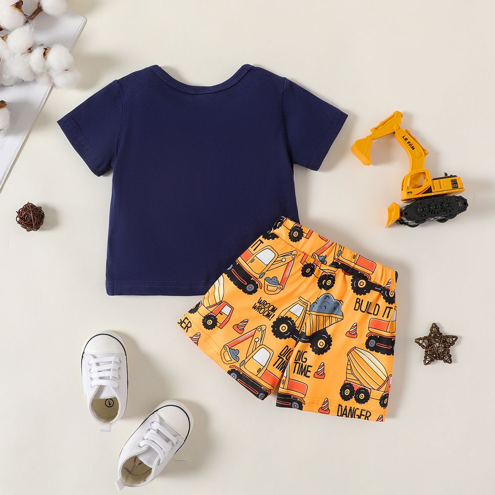 2pcs Baby Boy 95% Cotton Excavator Print Short-sleeve Tee & Shorts Set Tibetan blue big image 2