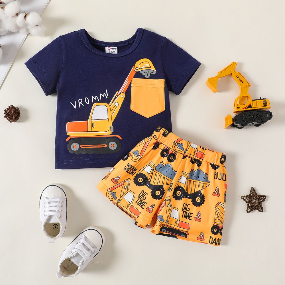 2pcs Baby Boy 95% Cotton Excavator Print Short-sleeve Tee & Shorts Set Tibetan blue big image 1