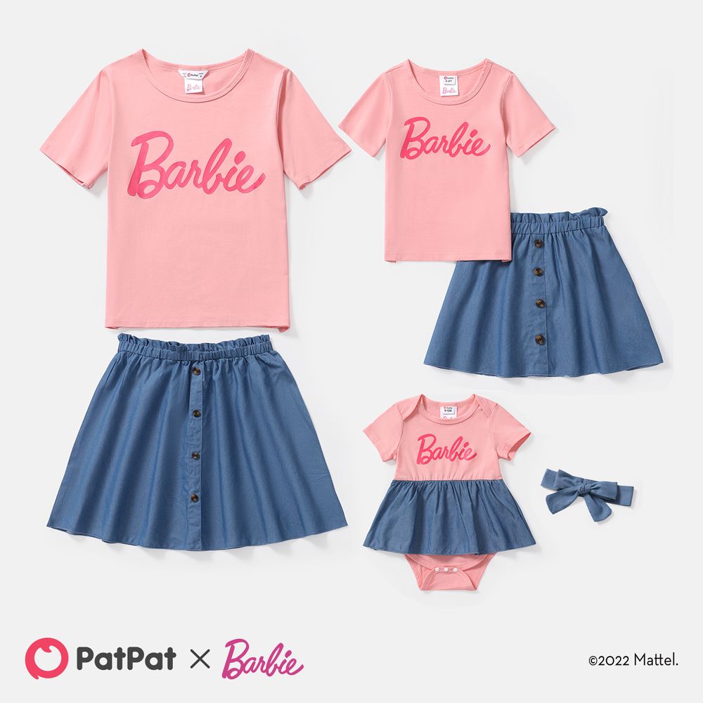 Barbie Mommy and Me Short-sleeve Letter Print Tee and Imitation Denim Skirt Sets Pink big image 1