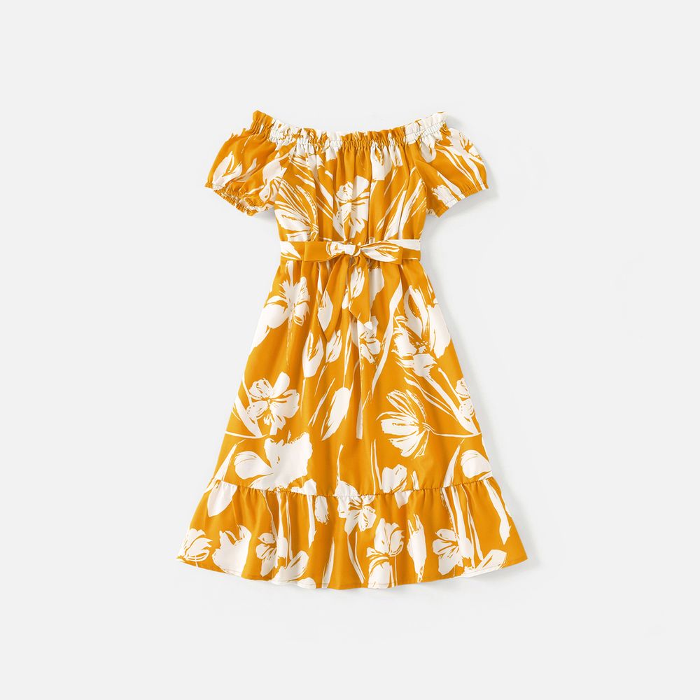 Family Matching Cotton Short-sleeve Colorblock T-shirts and Floral Print Off Shoulder Belted Dresses Sets Yellow big image 10