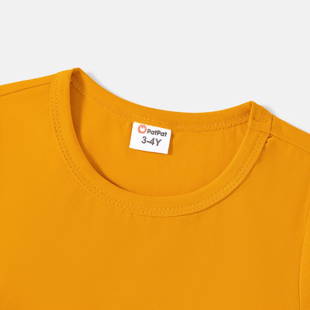 Family Matching Cotton Short-sleeve Colorblock T-shirts and Floral Print Off Shoulder Belted Dresses Sets Yellow big image 7