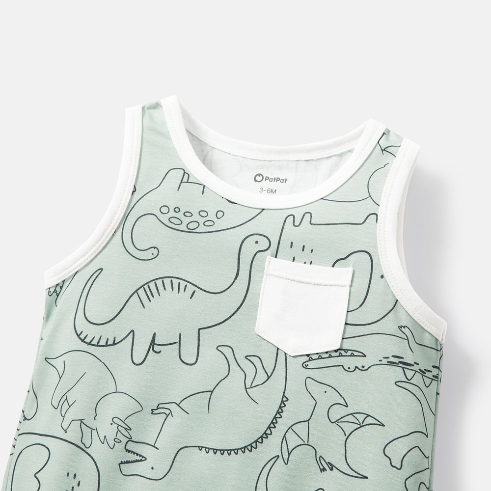 Baby Girl/Boy Dinosaur Print/Stripe Sleeveless Jumpsuits Light Green big image 4