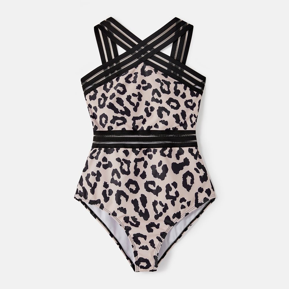 Family Matching Leopard Print Crisscross One-piece Swimsuit and Swim Trunks Black big image 3