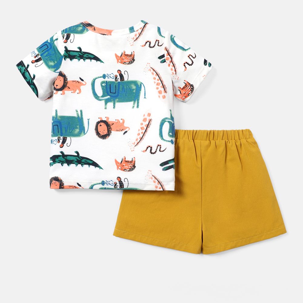 2pcs Baby Boy 100% Cotton Solid Shorts and Allover Animal Print Short-sleeve Naia™ Tee Set Colorful big image 2