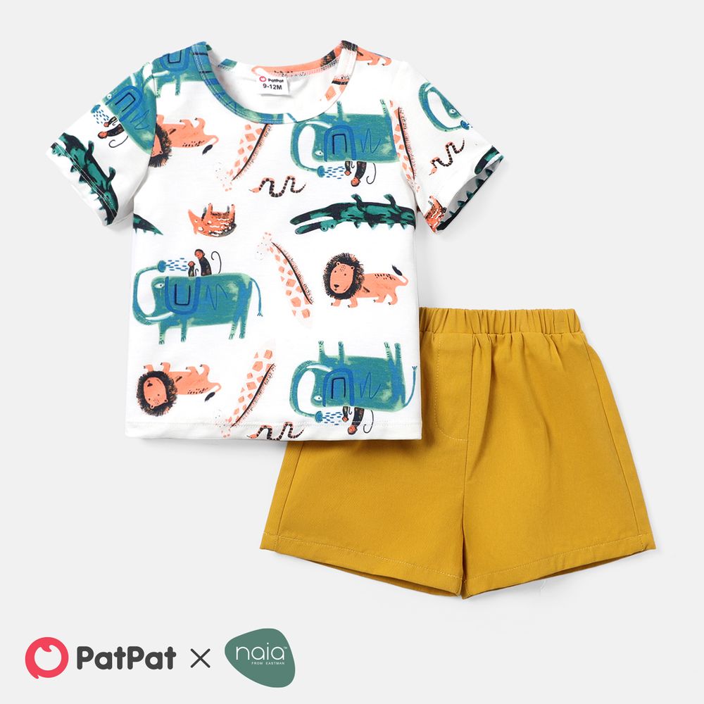 2pcs Baby Boy 100% Cotton Solid Shorts and Allover Animal Print Short-sleeve Naia™ Tee Set Colorful big image 1
