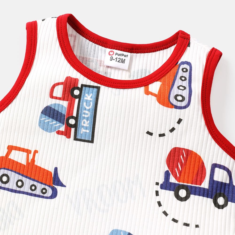 2pcs Baby Boy Cotton Ribbed Allover Vehicle Print Tank Top & Shorts Set REDWHITE big image 3