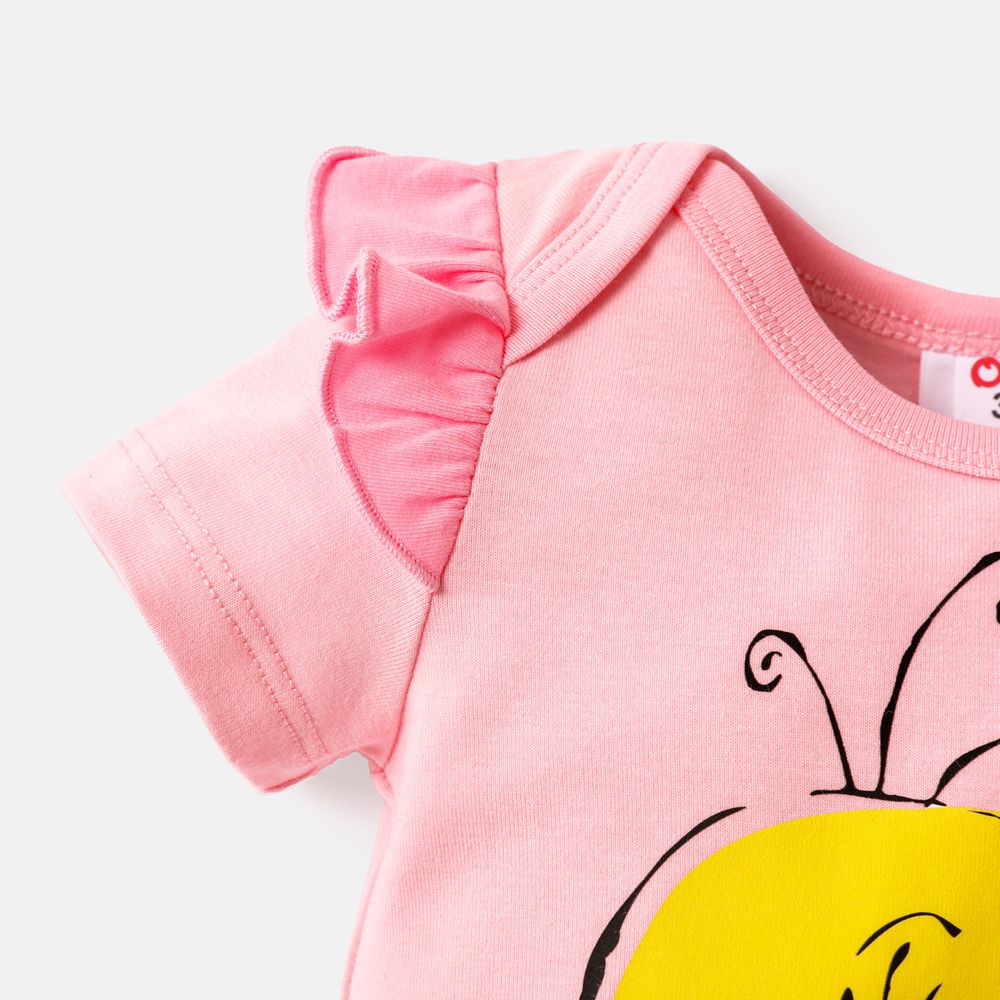 Looney Tunes 2pcs Baby Girl Graphic Print Ruffle Short-sleeve Romper and Plaid Naia™ Shorts Set Pink big image 3