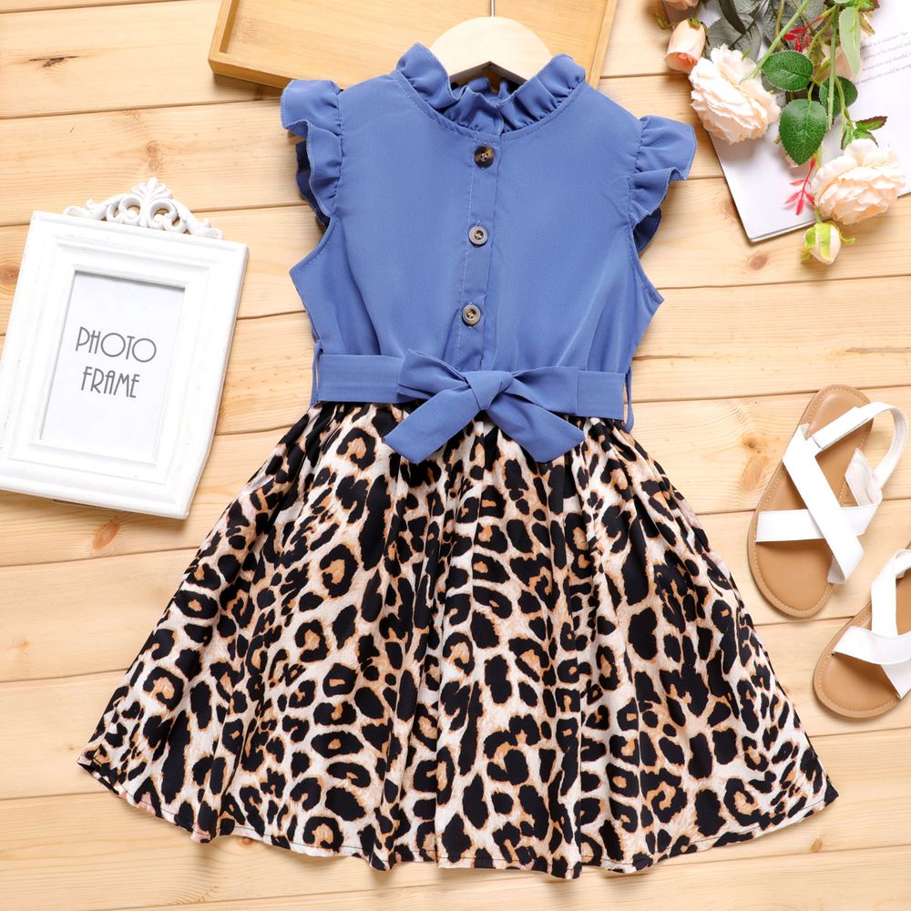 Kid Girl Leopard Panel Flutter-sleeve Belted Dress DENIMBLUE big image 1
