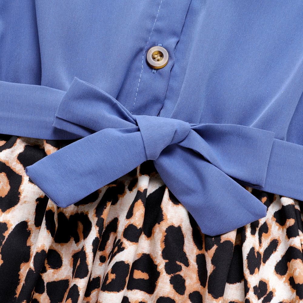 Kid Girl Leopard Panel Flutter-sleeve Belted Dress DENIMBLUE big image 4