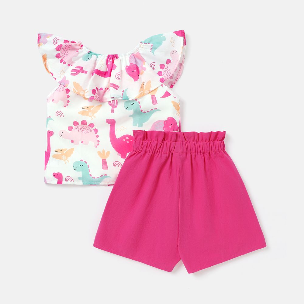 2pcs Baby Girl Dinosaur Print Flounce Sleeveless Tee and Bowknot Design Cotton Shorts Set Roseo big image 2