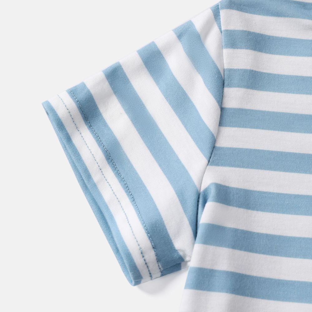 Family Matching Blue Striped Off Shoulder Short-sleeve Shirred Dresses and Spliced Tee Set BLUE WHITE big image 18