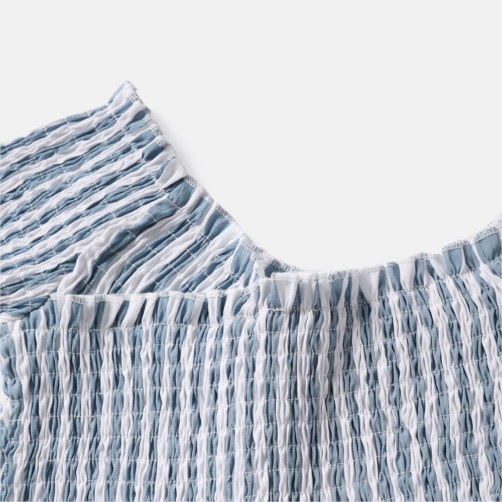Family Matching Blue Striped Off Shoulder Short-sleeve Shirred Dresses and Spliced Tee Set BLUE WHITE big image 5