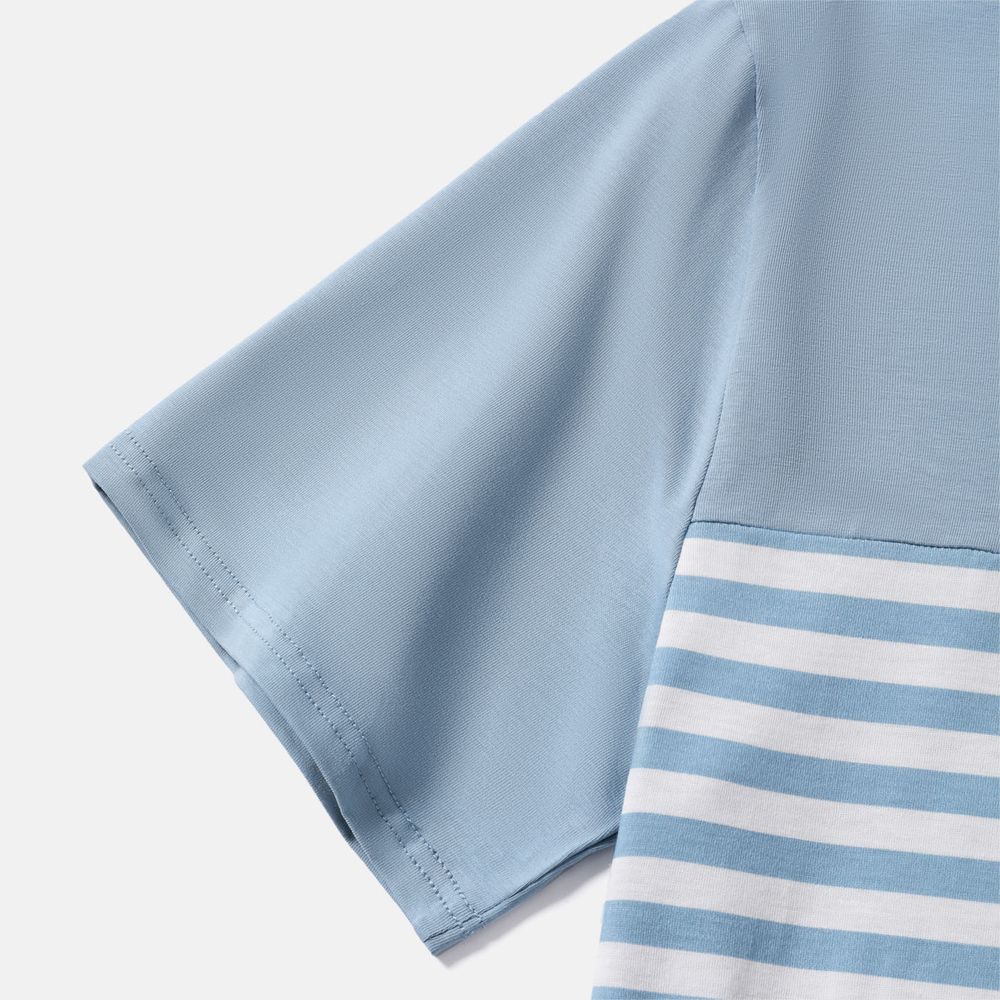 Family Matching Blue Striped Off Shoulder Short-sleeve Shirred Dresses and Spliced Tee Set BLUE WHITE big image 15