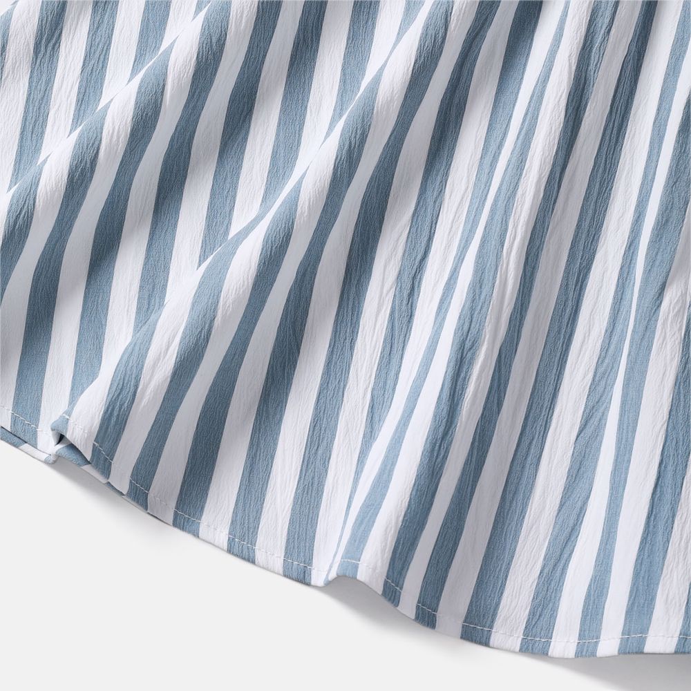 Family Matching Blue Striped Off Shoulder Short-sleeve Shirred Dresses and Spliced Tee Set BLUE WHITE big image 7