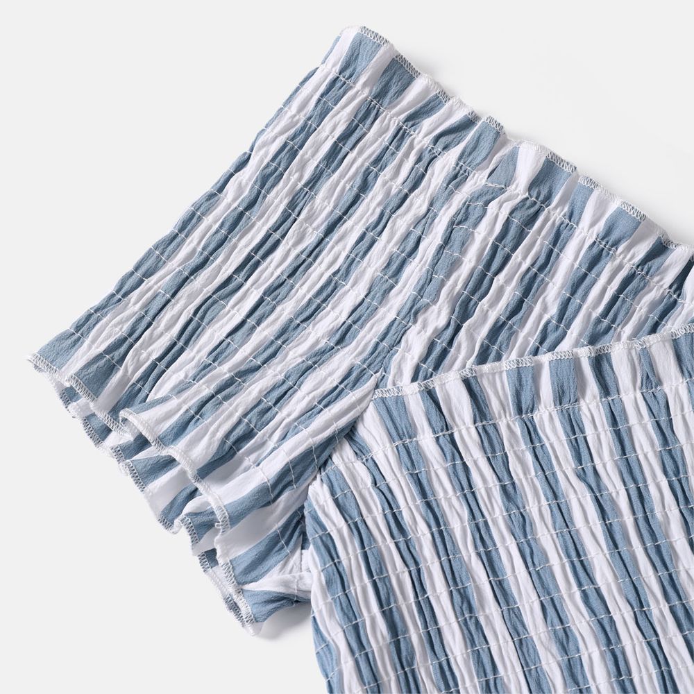 Family Matching Blue Striped Off Shoulder Short-sleeve Shirred Dresses and Spliced Tee Set BLUE WHITE big image 4