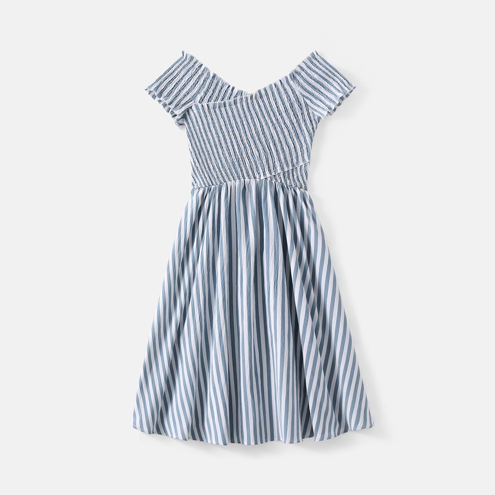 Family Matching Blue Striped Off Shoulder Short-sleeve Shirred Dresses and Spliced Tee Set BLUE WHITE big image 2