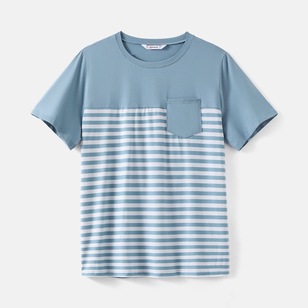 Family Matching Blue Striped Off Shoulder Short-sleeve Shirred Dresses and Spliced Tee Set BLUE WHITE big image 12