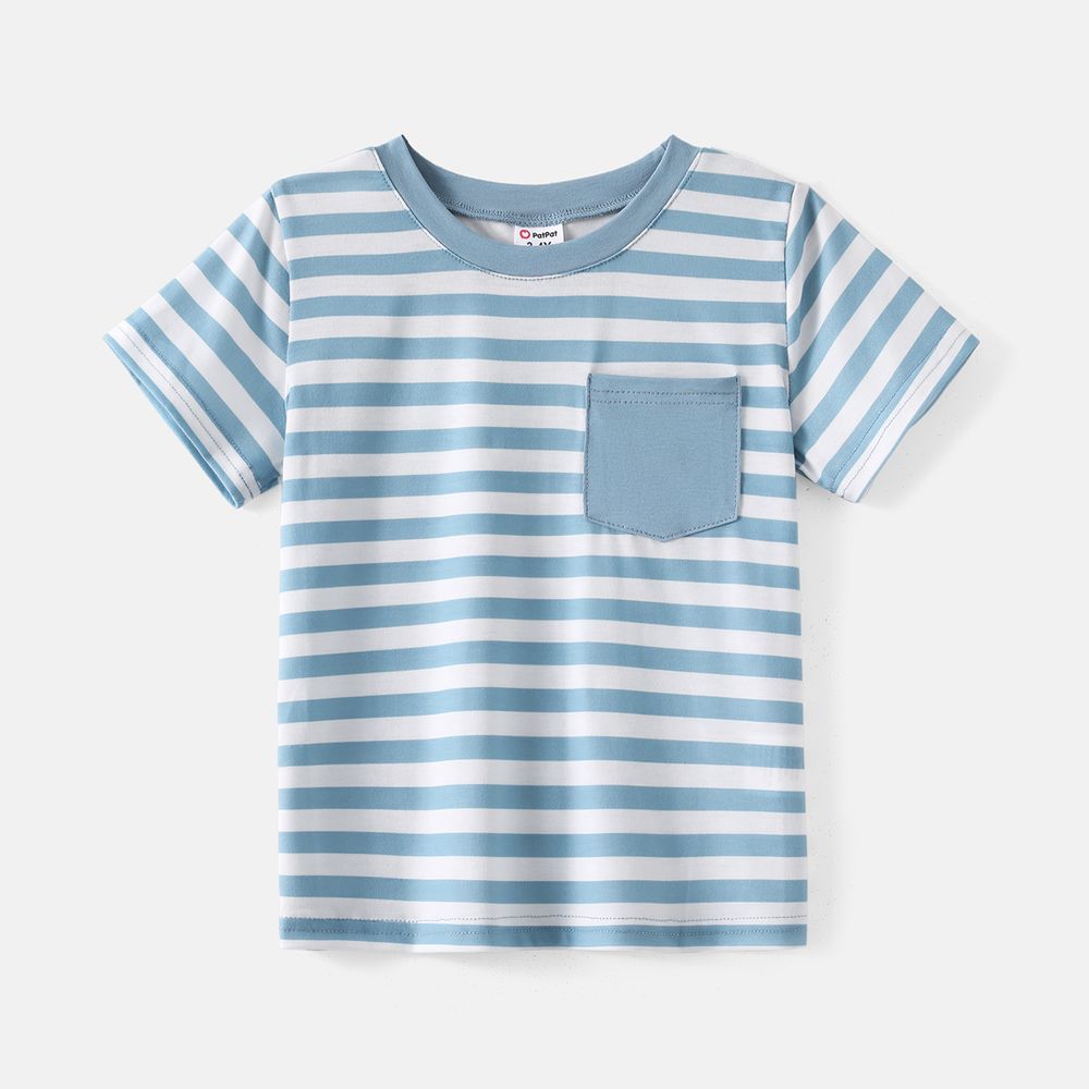 Family Matching Blue Striped Off Shoulder Short-sleeve Shirred Dresses and Spliced Tee Set BLUE WHITE big image 16