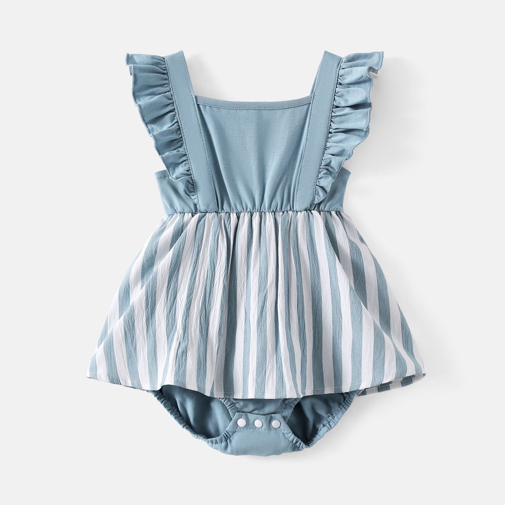 Family Matching Blue Striped Off Shoulder Short-sleeve Shirred Dresses and Spliced Tee Set BLUE WHITE big image 8