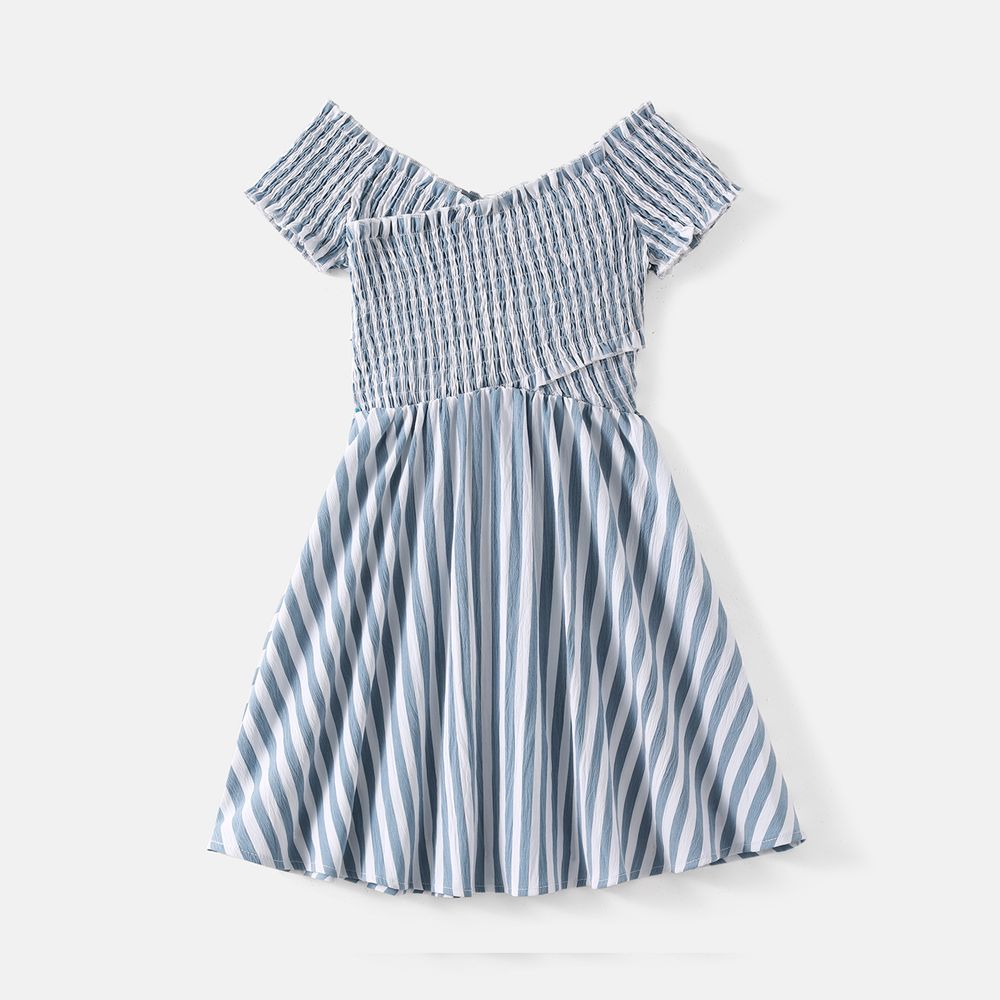 Family Matching Blue Striped Off Shoulder Short-sleeve Shirred Dresses and Spliced Tee Set BLUE WHITE big image 3