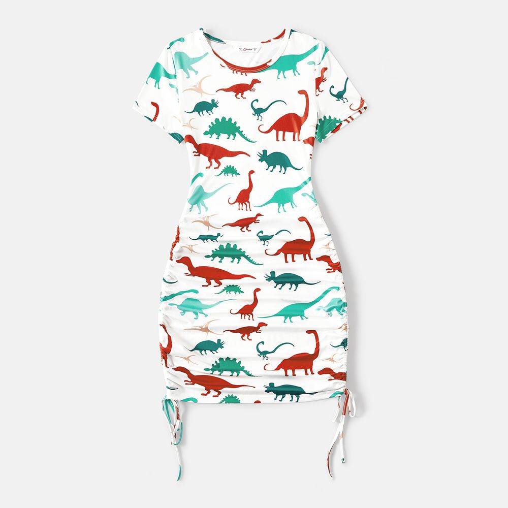 Family Matching Allover Colorful Dinosaur Print Drawstring Ruched Bodycon Dresses and Short-sleeve Tops Sets Multi-color big image 2