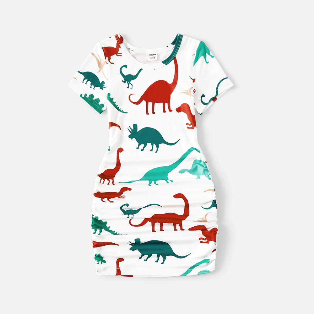 Family Matching Allover Colorful Dinosaur Print Drawstring Ruched Bodycon Dresses and Short-sleeve Tops Sets Multi-color big image 4