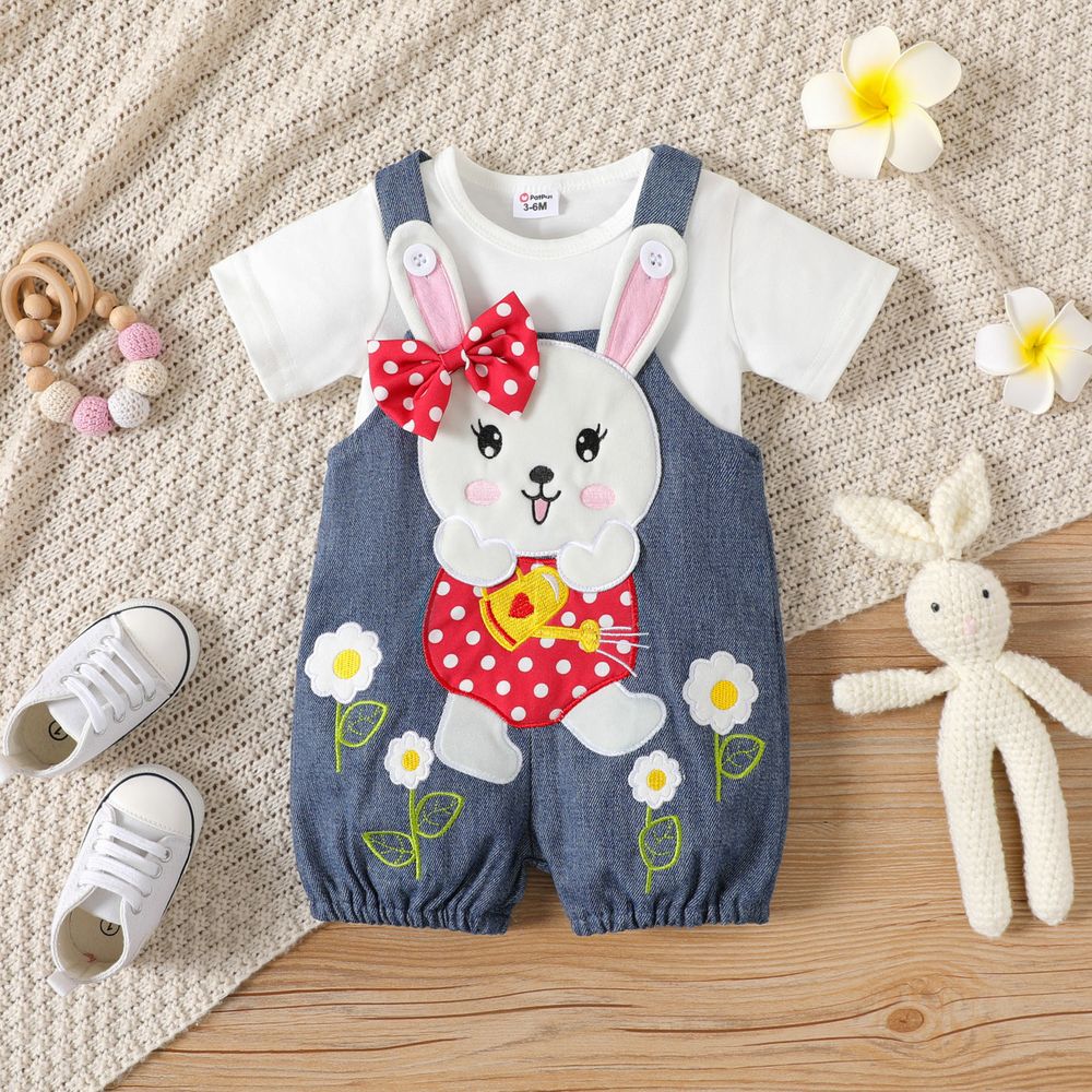 2pcs Baby Girl 100% Cotton Rabbit Graphic Denim Overalls Shorts and Solid Short-sleeve Tee Set Blue big image 1