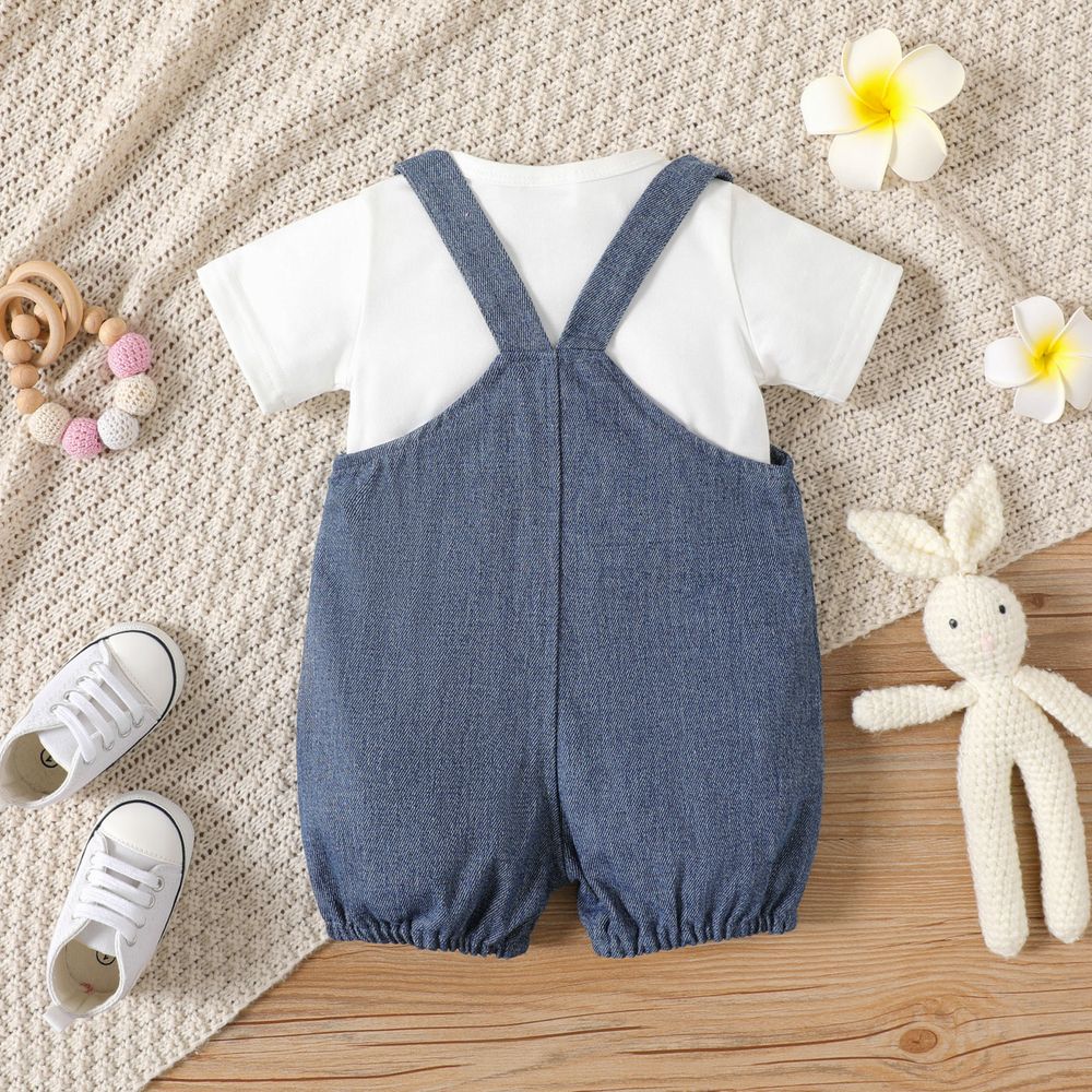 2pcs Baby Girl 100% Cotton Rabbit Graphic Denim Overalls Shorts and Solid Short-sleeve Tee Set Blue big image 2