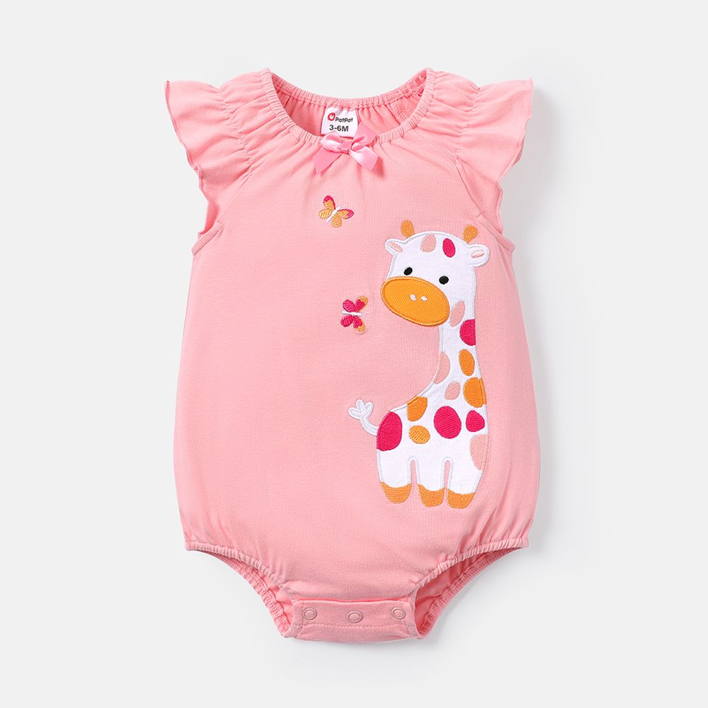 Baby Girl Cotton Giraffe Embroidered Flutter-sleeve Rompers Pink big image 1
