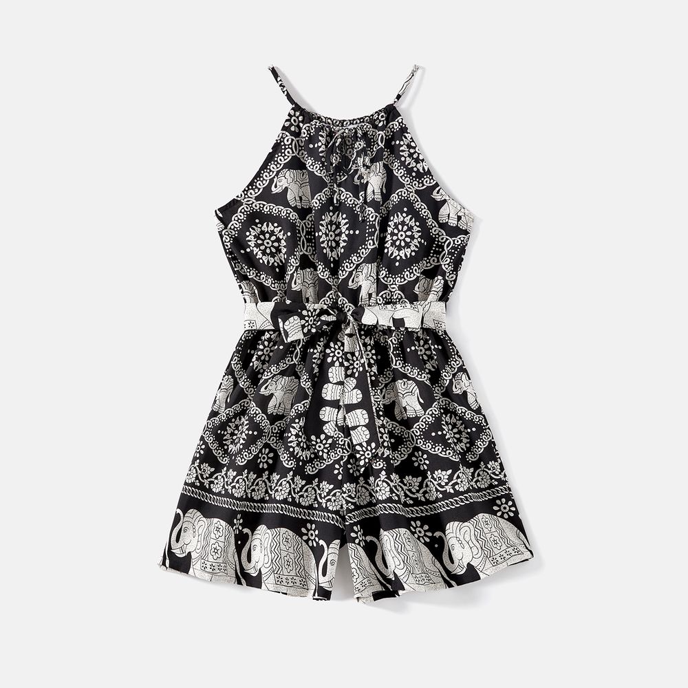 Mommy and Me Allover Elephant Print Spaghetti Strap Belted Rompers Black big image 2