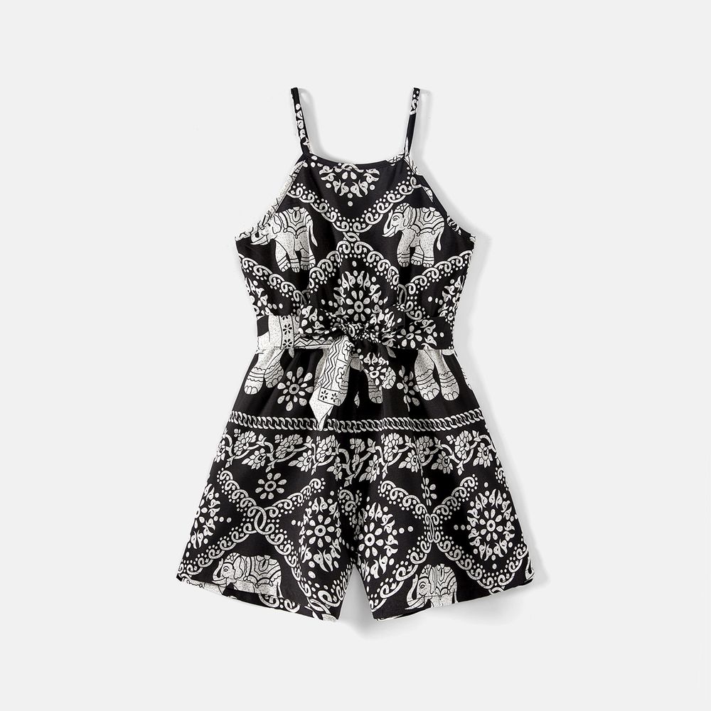 Mommy and Me Allover Elephant Print Spaghetti Strap Belted Rompers Black big image 6