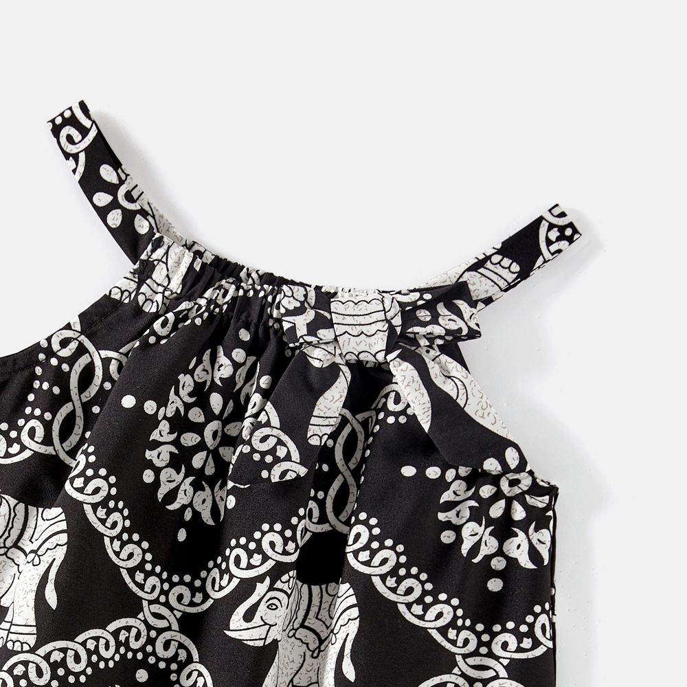 Mommy and Me Allover Elephant Print Spaghetti Strap Belted Rompers Black big image 11