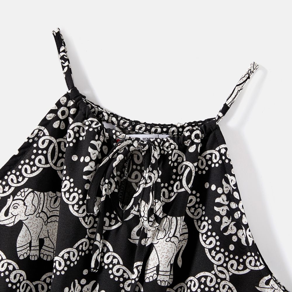 Mommy and Me Allover Elephant Print Spaghetti Strap Belted Rompers Black big image 4