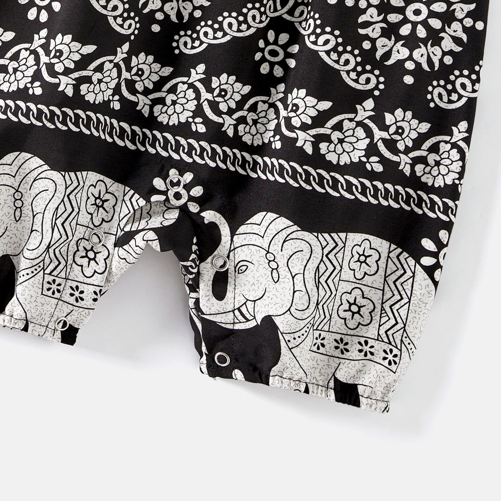 Mommy and Me Allover Elephant Print Spaghetti Strap Belted Rompers Black big image 12
