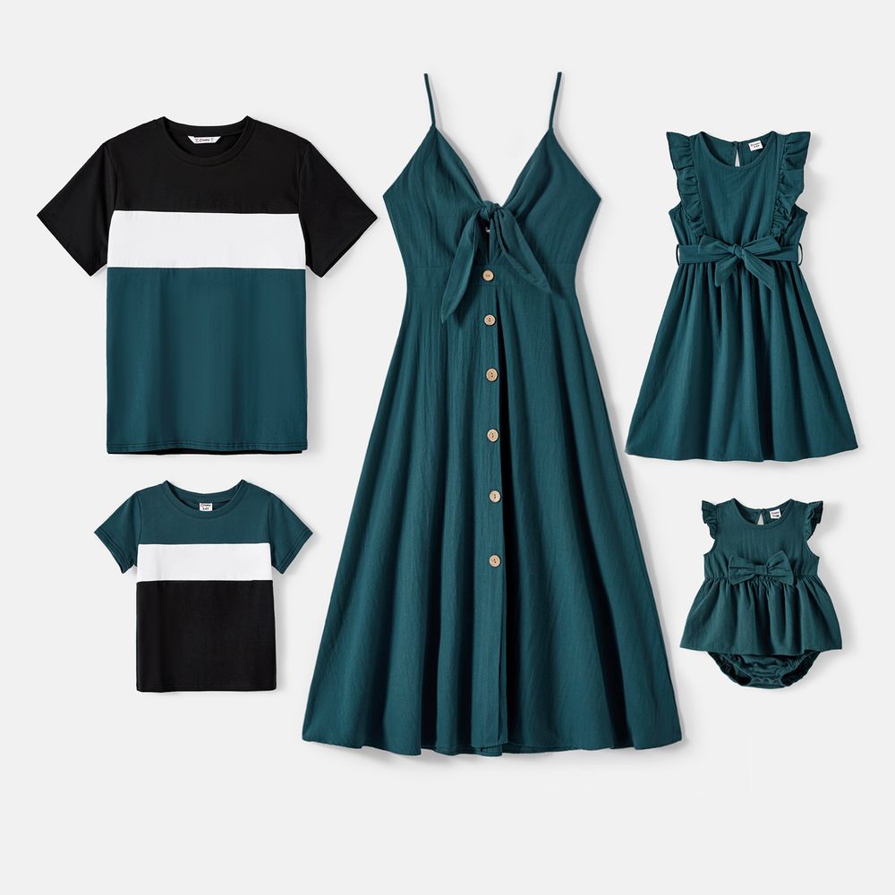 Family Matching Solid Knot Front Cami Dresses and Colorblock Short-sleeve Tee Sets Green* big image 1