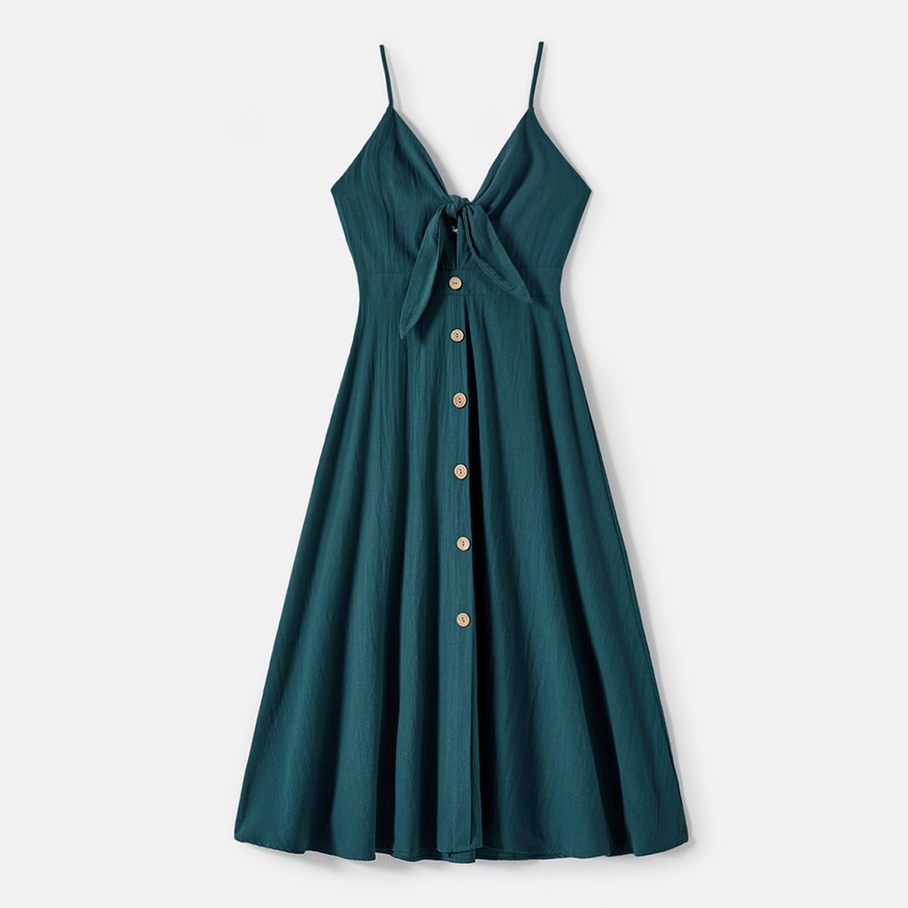 Family Matching Solid Knot Front Cami Dresses and Colorblock Short-sleeve Tee Sets Green* big image 2