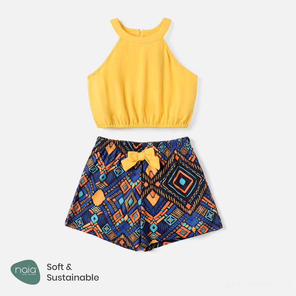 Naia 2pcs Kid Girl Halter Tee and Bowknot Design Exotic Shorts Set Ginger-2 big image 1