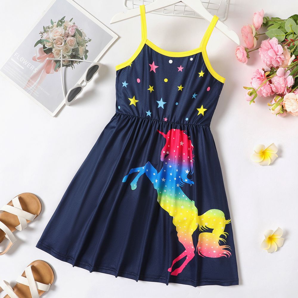 Kid Girl Unicorn Star Print Colorblock Slip Dress Dark Blue big image 1