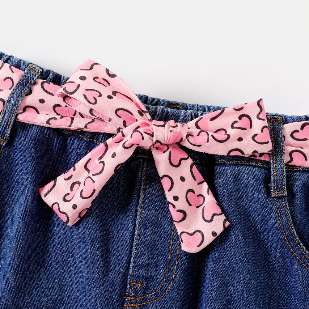 3pcs Kid Girl Figure Print Long-sleeve Tee and Belted Ripped Denim Jeans Set Pink big image 4