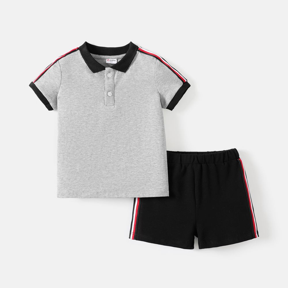 2pcs Toddler Boy Colorblock Cotton Short-sleeve Polo shirt and Shorts Set Grey big image 2